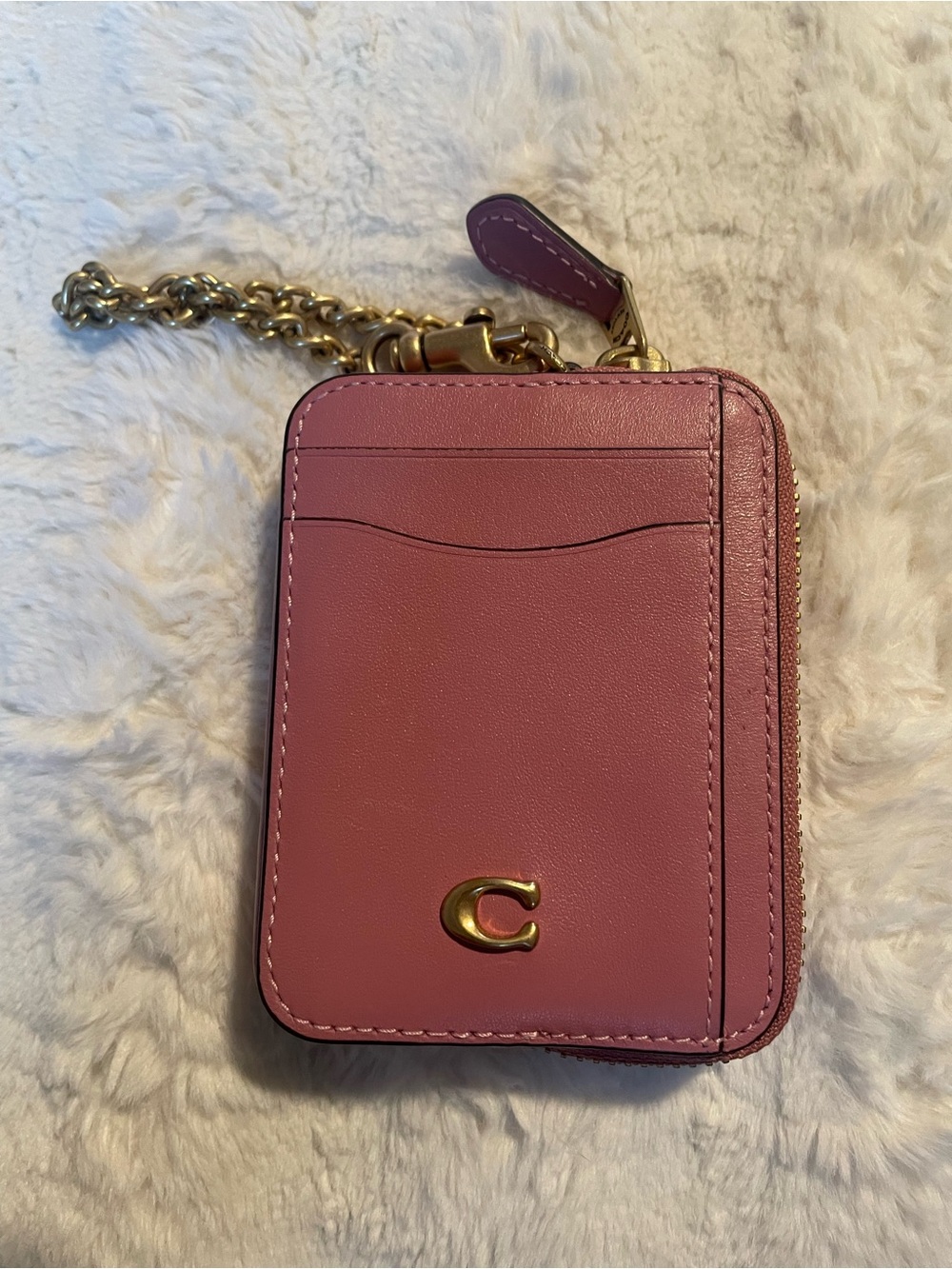 Coach Pink Leather Zip Wallet with Gold Chain